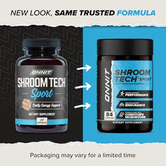 ONNIT Shroom Tech SPORT capsules close-up highlighting stimulant-free option.