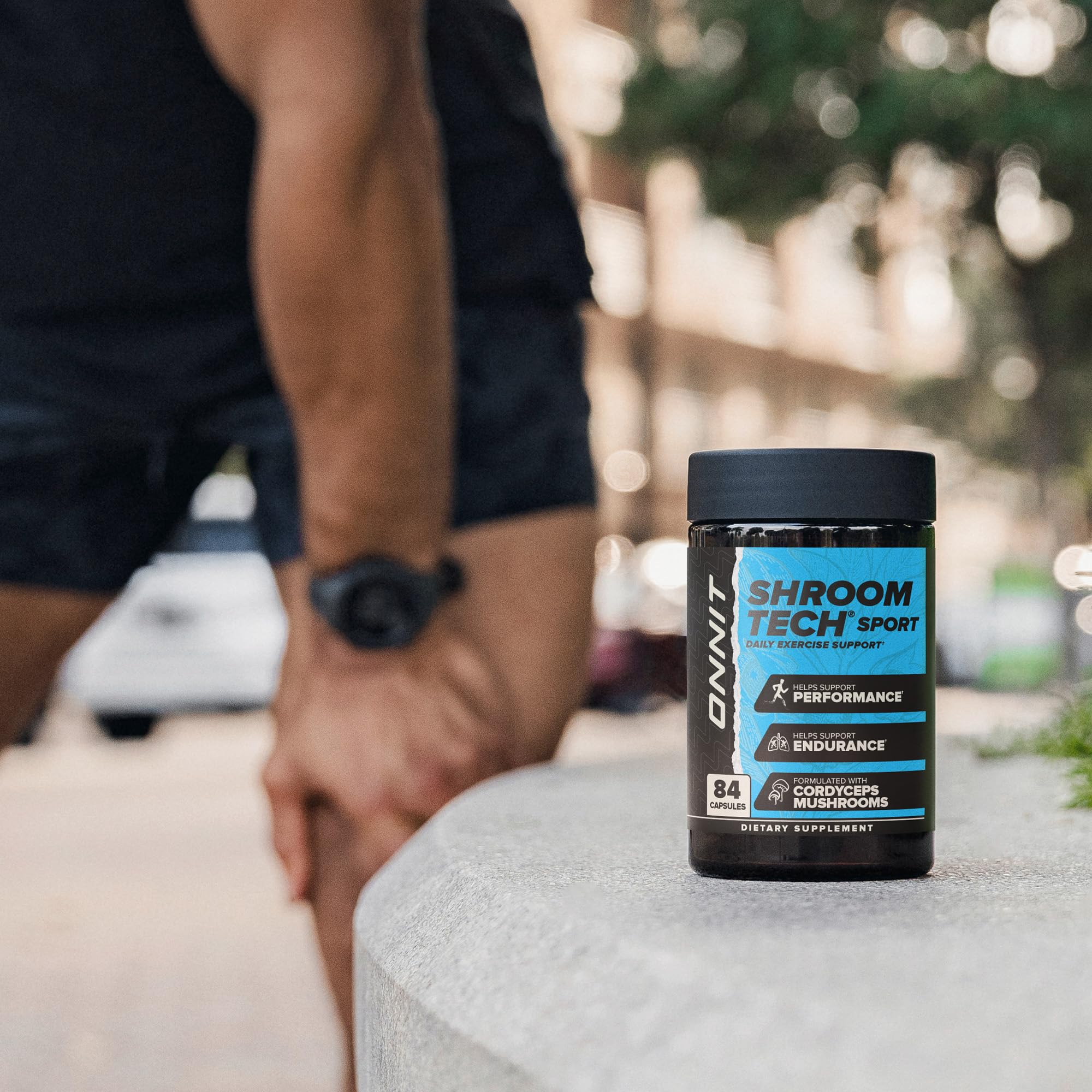 ONNIT Shroom Tech SPORT displayed in a gym bag for workout readiness.