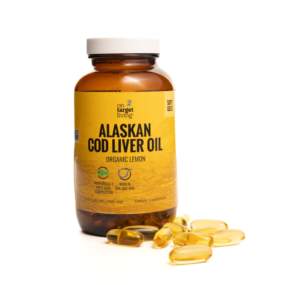 On Target Living Alaskan Cod Liver Oil bottle with line-caught sourcing