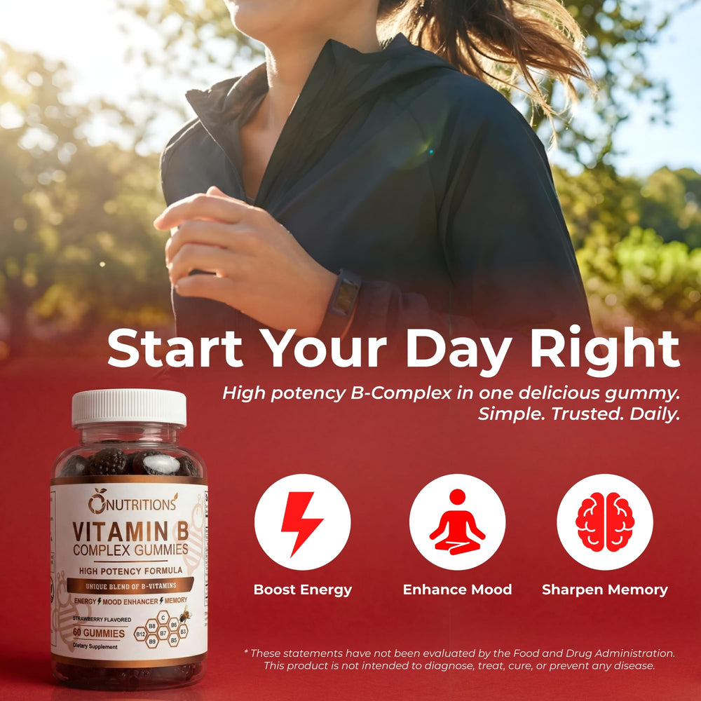 O NUTRITIONS B Complex Gummies on a kitchen counter conveying energy and mood support.