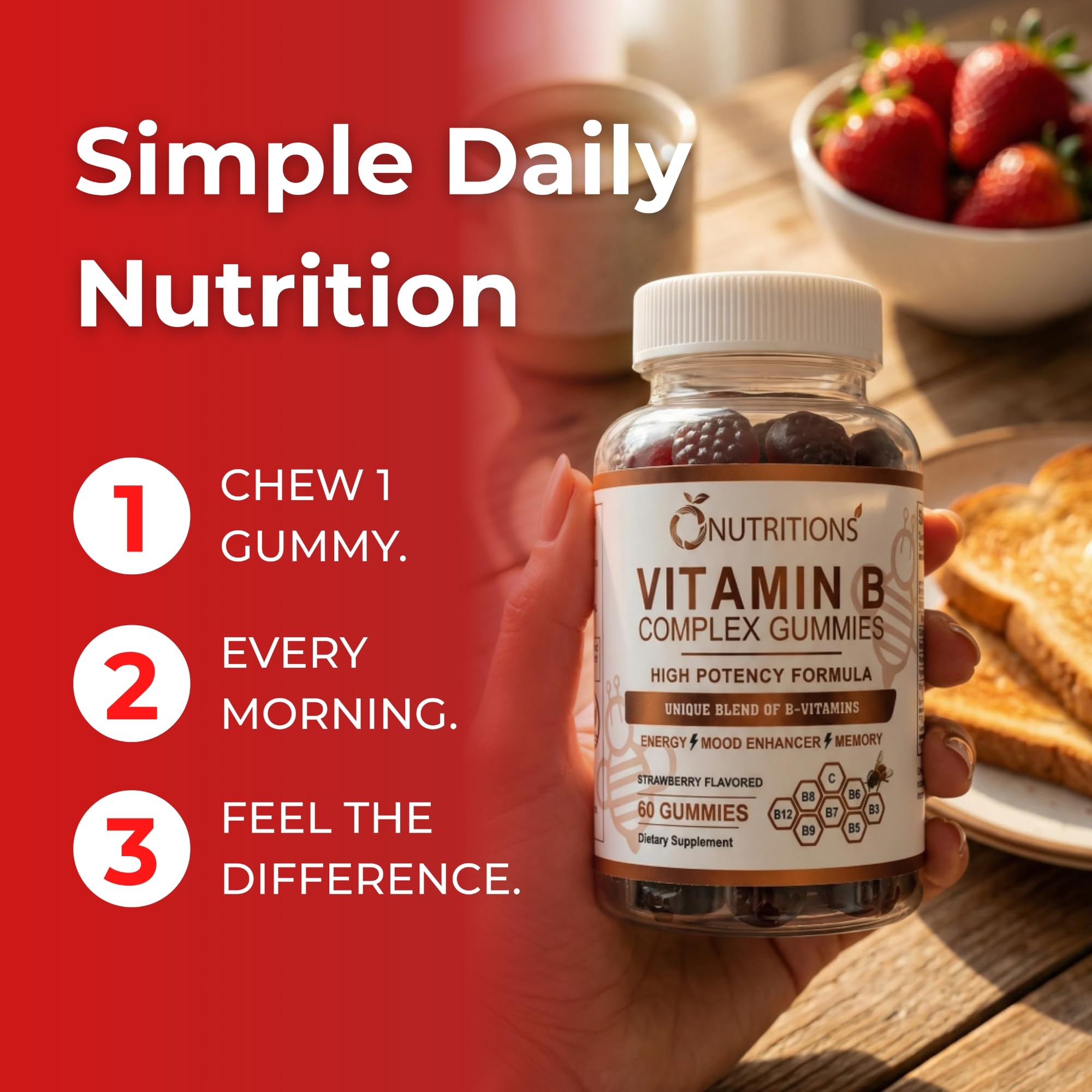 O NUTRITIONS B Complex Gummies packaging highlights vegan, gelatin-free formula.