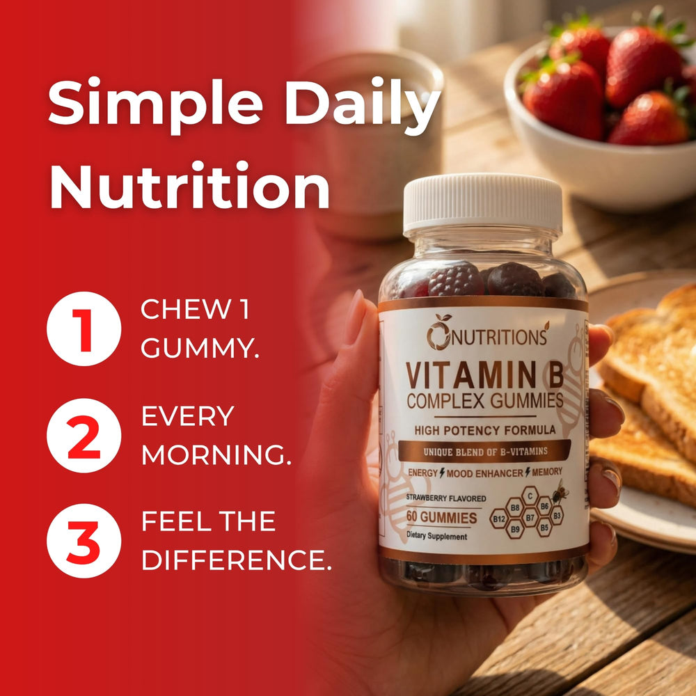 O NUTRITIONS B Complex Gummies packaging highlights vegan, gelatin-free formula.