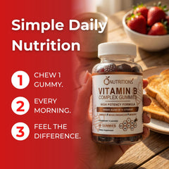 O NUTRITIONS B Complex Gummies packaging highlights vegan, gelatin-free formula.