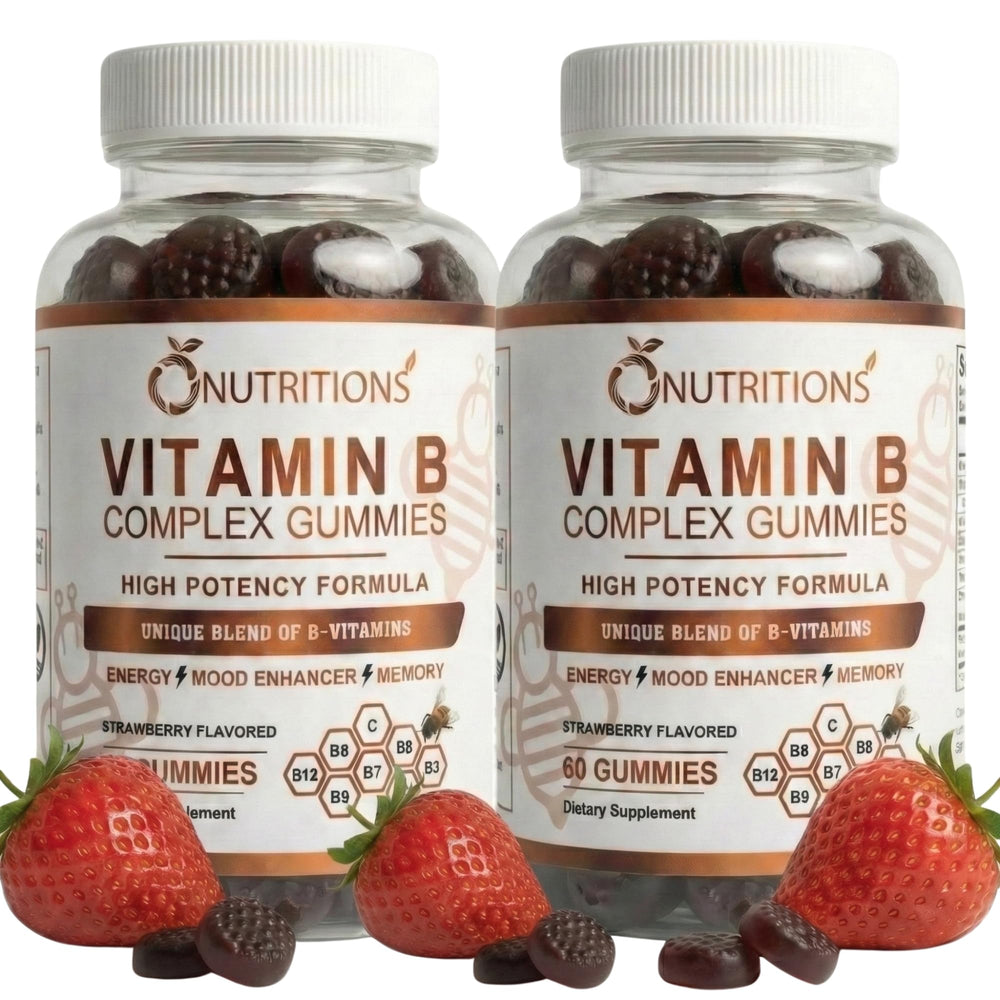 O NUTRITIONS Vitamin B Complex Gummies bottle with strawberry flavor for easy daily energy support.