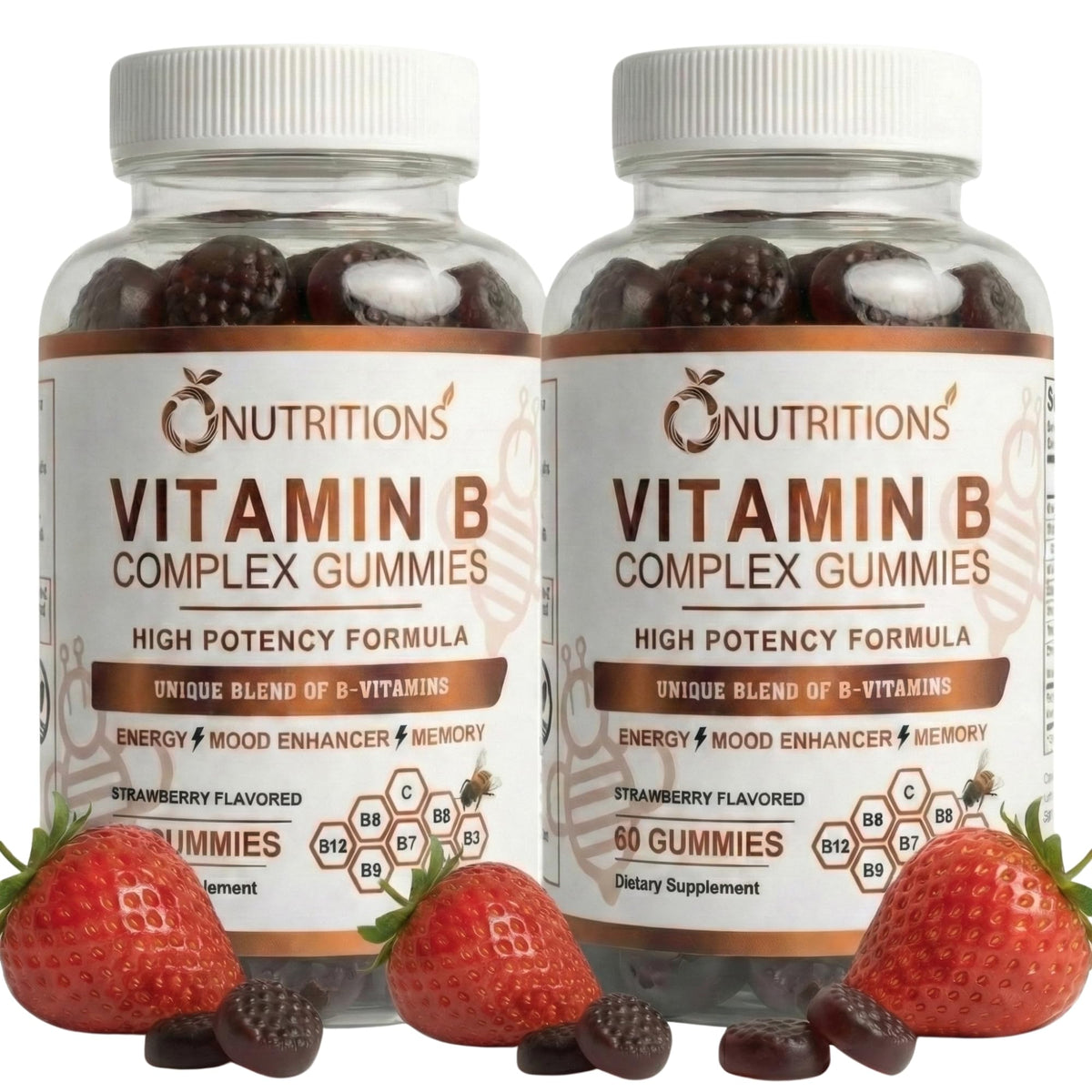 O NUTRITIONS Vitamin B Complex Gummies bottle with strawberry flavor for easy daily energy support.