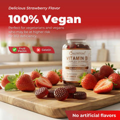 O NUTRITIONS B Complex Gummies close-up showing chewy strawberry texture and vibrant color.