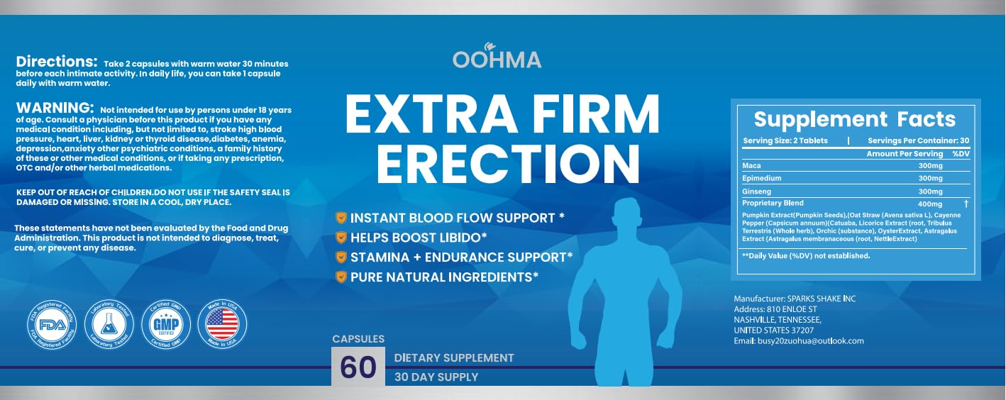 Oohma fast-acting male-enhancement capsules closeup shows easy-to-take daily supplement.