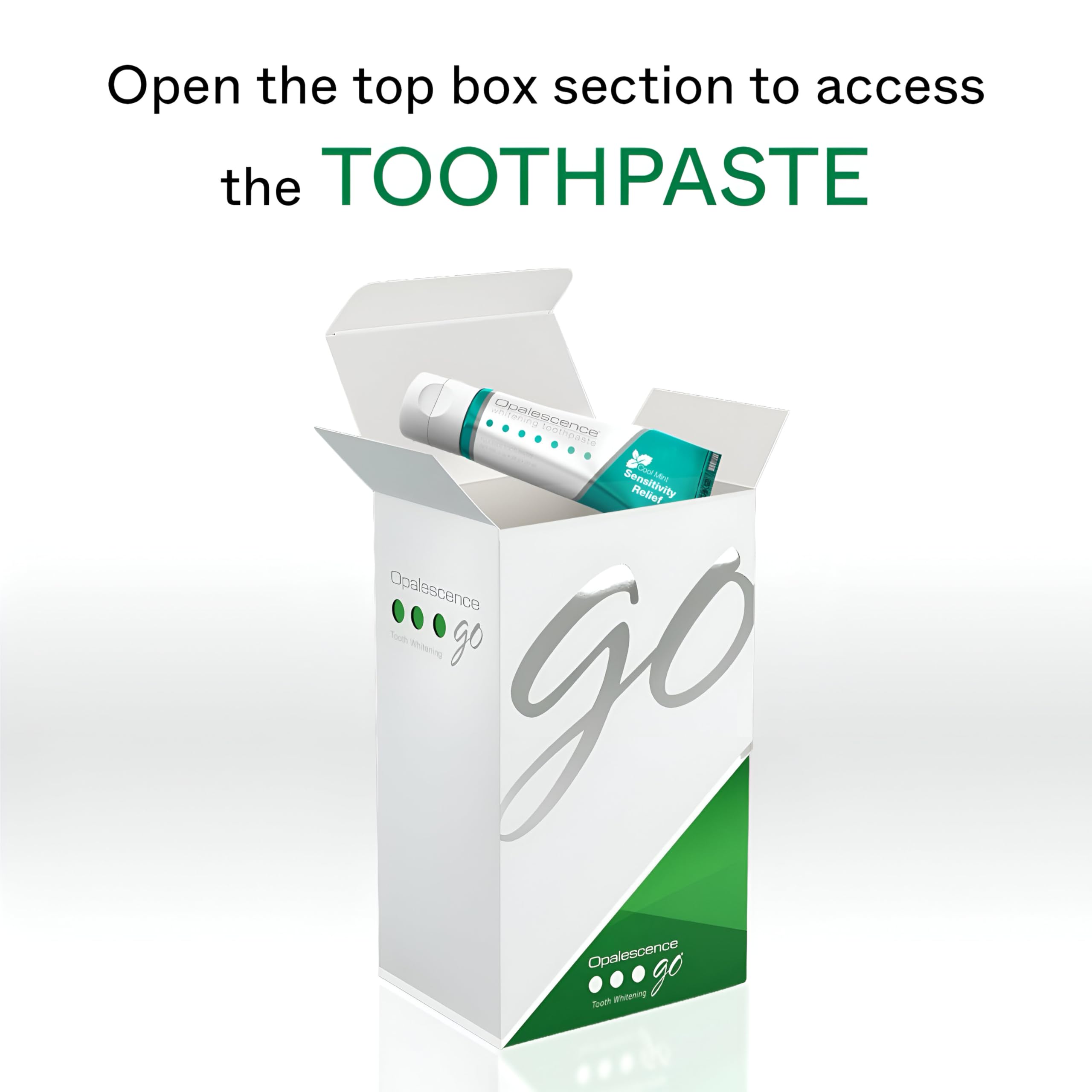 Opalescence GO 15 Mint box open, travel-friendly whitening kit ready.