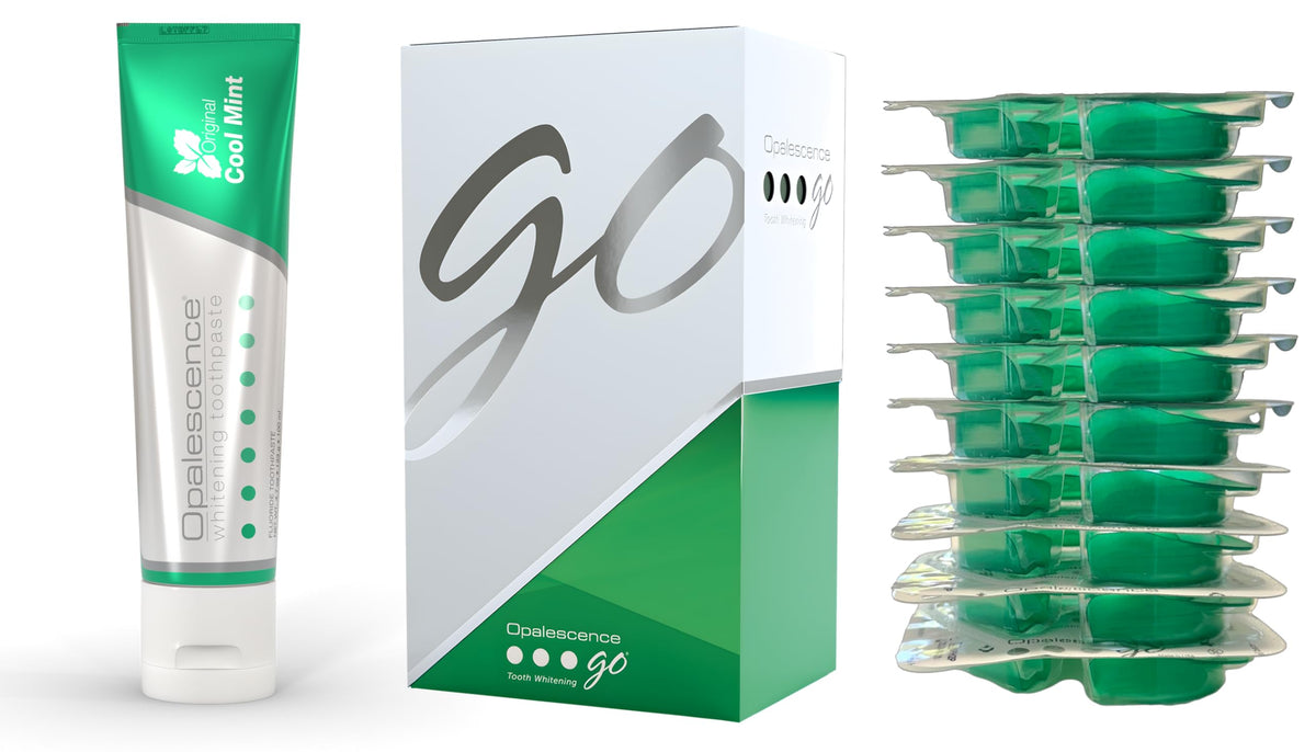 Opalescence Go 15% whitening trays ready for at-home treatment.