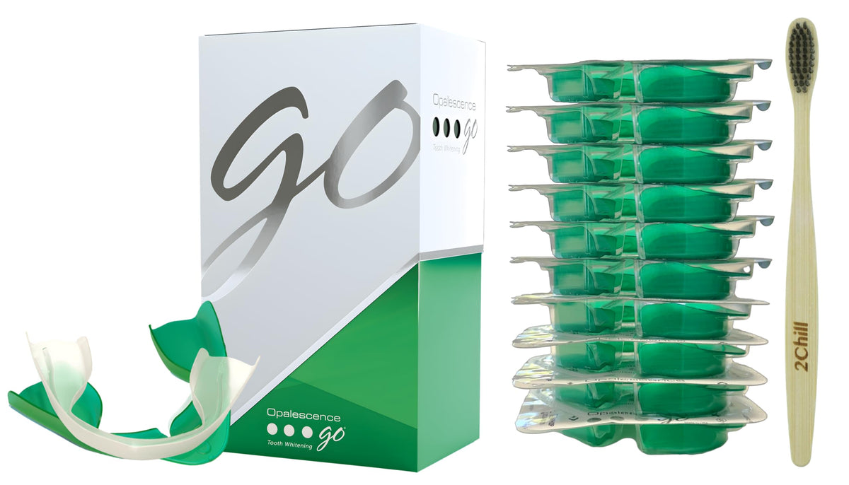 Opalescence Go box with trays, portable at-home whitening kit for quick events.