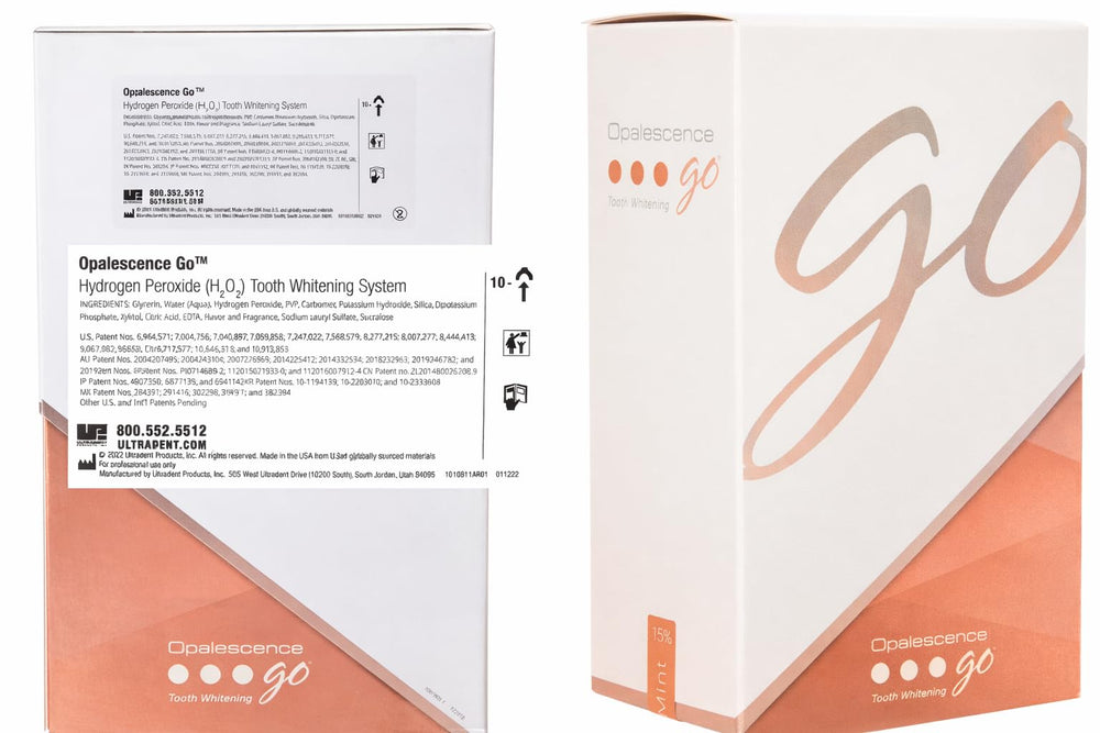 Opalescence Go contents box shows 20 trays for 10 treatments.