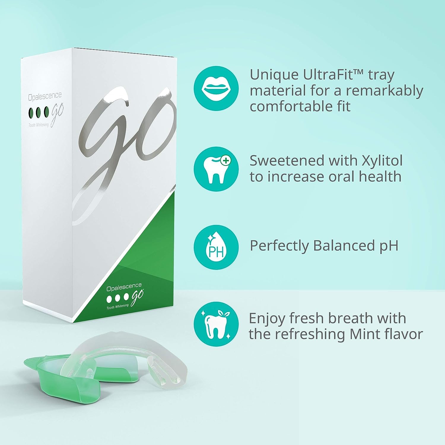 Prefilled gel strips inside Opalescence Go trays simplify whitening.