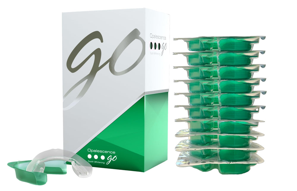 Opalescence Go 10% trays in mint ready for at-home whitening.