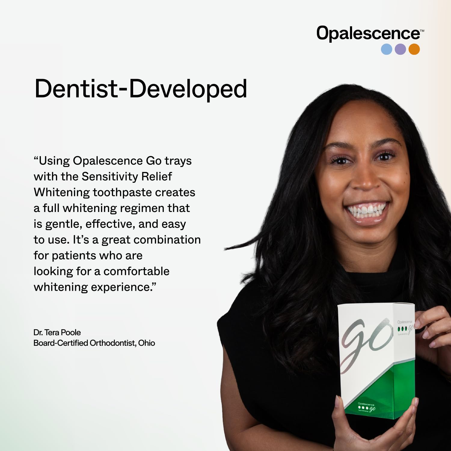 Opalescence Go whitening tray in hand for quick, simple application.