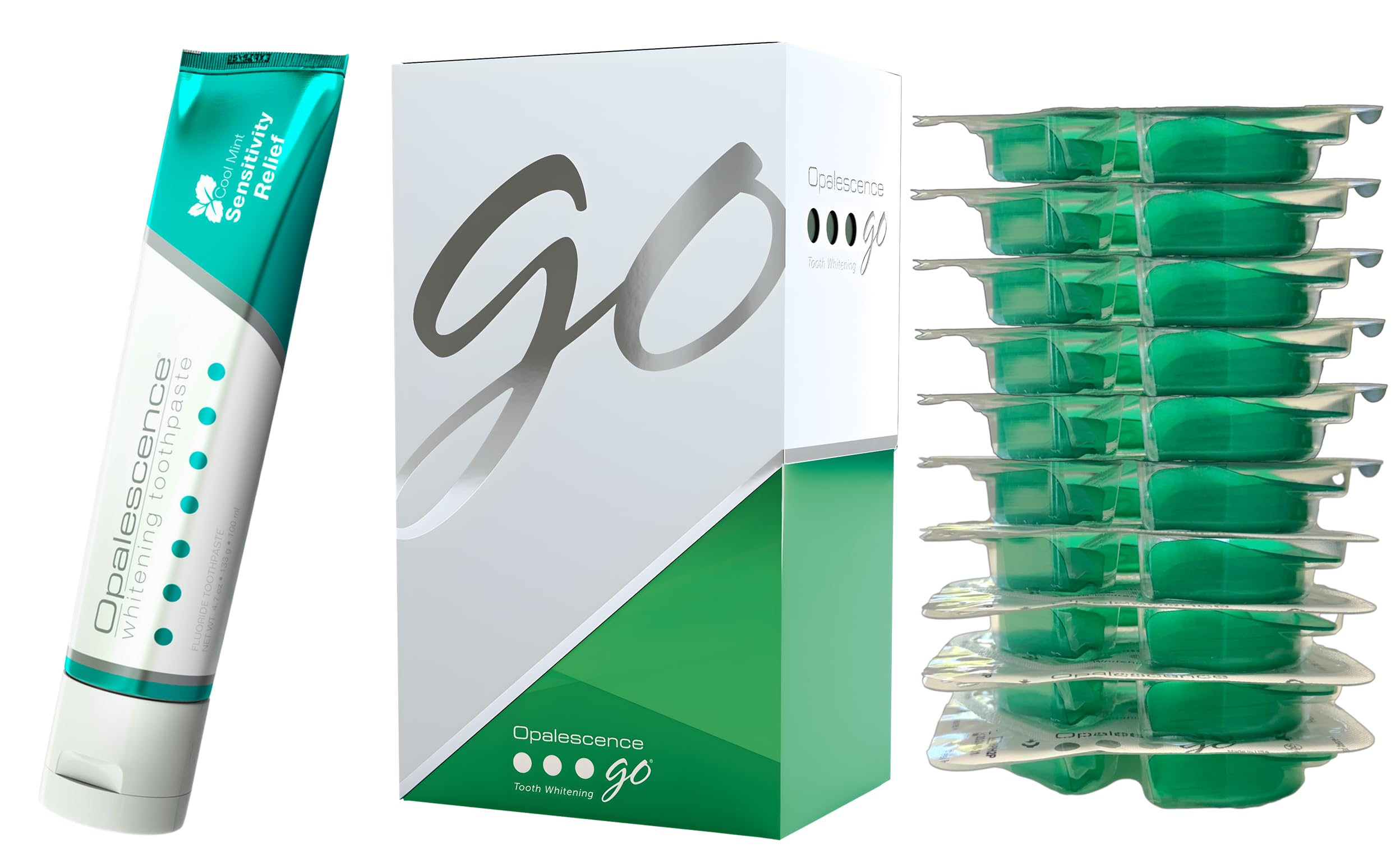 Opalescence Go trays setup showing a convenient at-home whitening readiness.