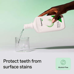 Opalescence mouthwash label close-up, highlights alcohol-free formula.