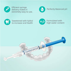 Opalescence PF 35% syringe dispensing gel onto a whitening tray.