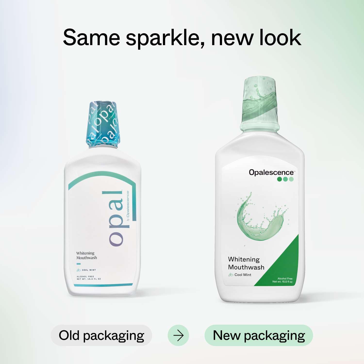 Opalescence whitening mouthwash label Cool Mint, enamel-friendly, alcohol-free.