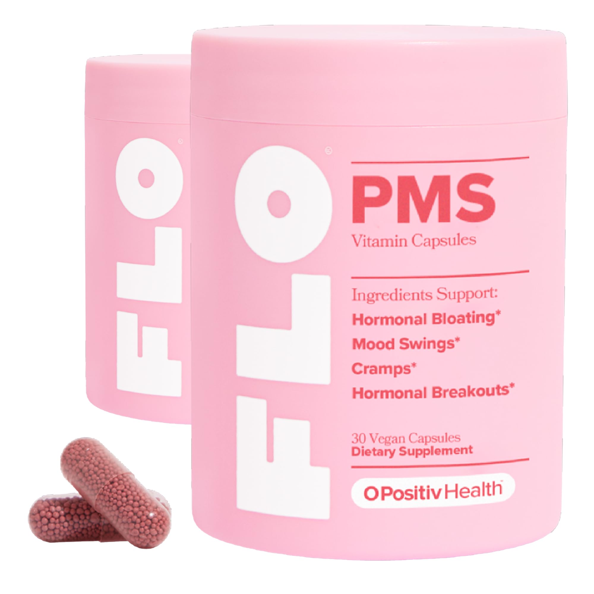 O Positiv FLO PMS bottle with capsules for hormonal balance and cramps relief.