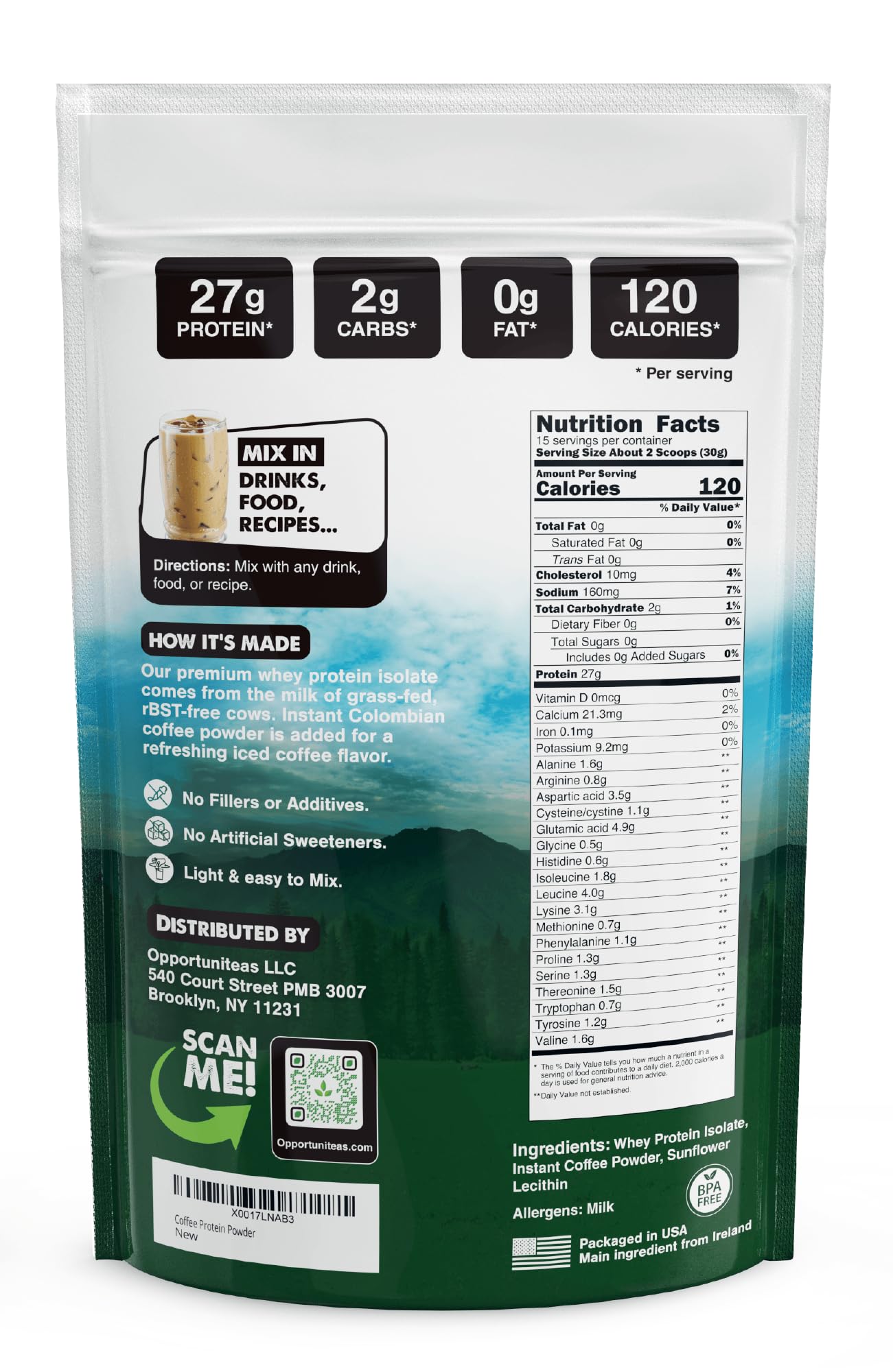 Close-up of Opportuniteas Coffee Whey showing caffeine boost for morning workouts