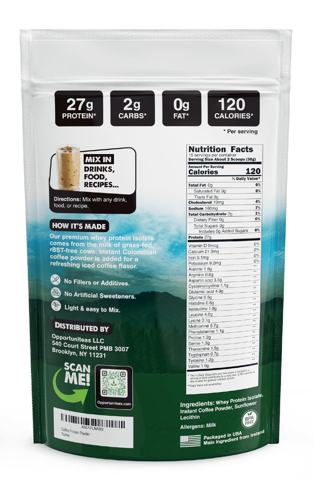 Close-up of Opportuniteas Coffee Whey showing caffeine boost for morning workouts