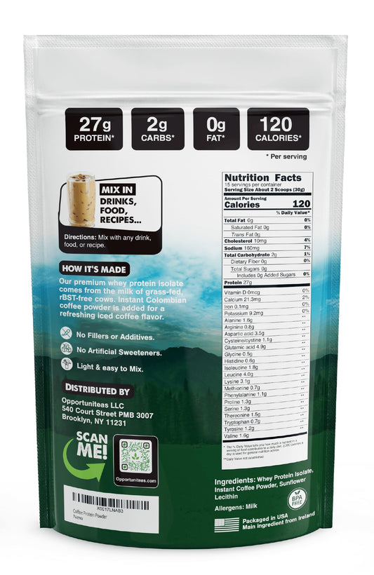 Close-up of Opportuniteas Coffee Whey showing caffeine boost for morning workouts