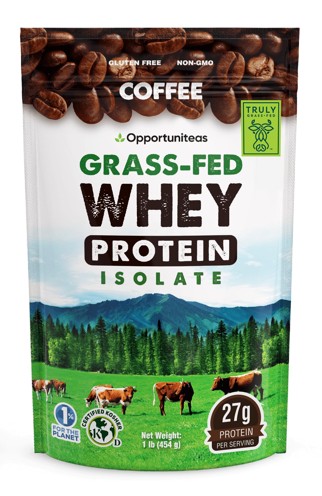 Opportuniteas Coffee Whey protein tub with scoop showing high-protein formula for workouts