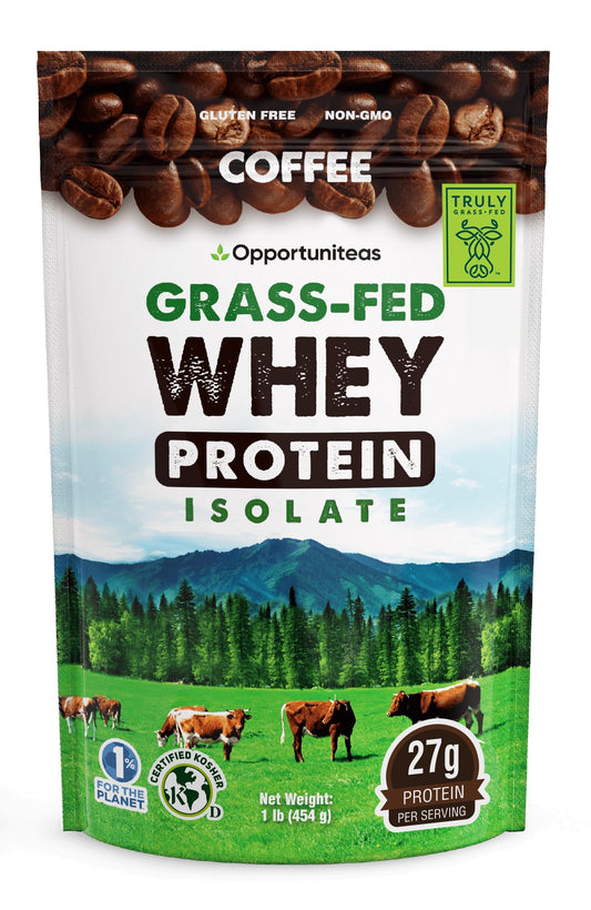Opportuniteas Coffee Whey protein tub with scoop showing high-protein formula for workouts