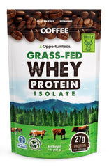 Opportuniteas Coffee Whey protein tub with scoop showing high-protein formula for workouts