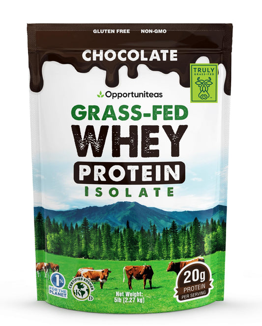 Opportuniteas Grass Fed Chocolate Whey container shows 20 g protein per serving for workouts.