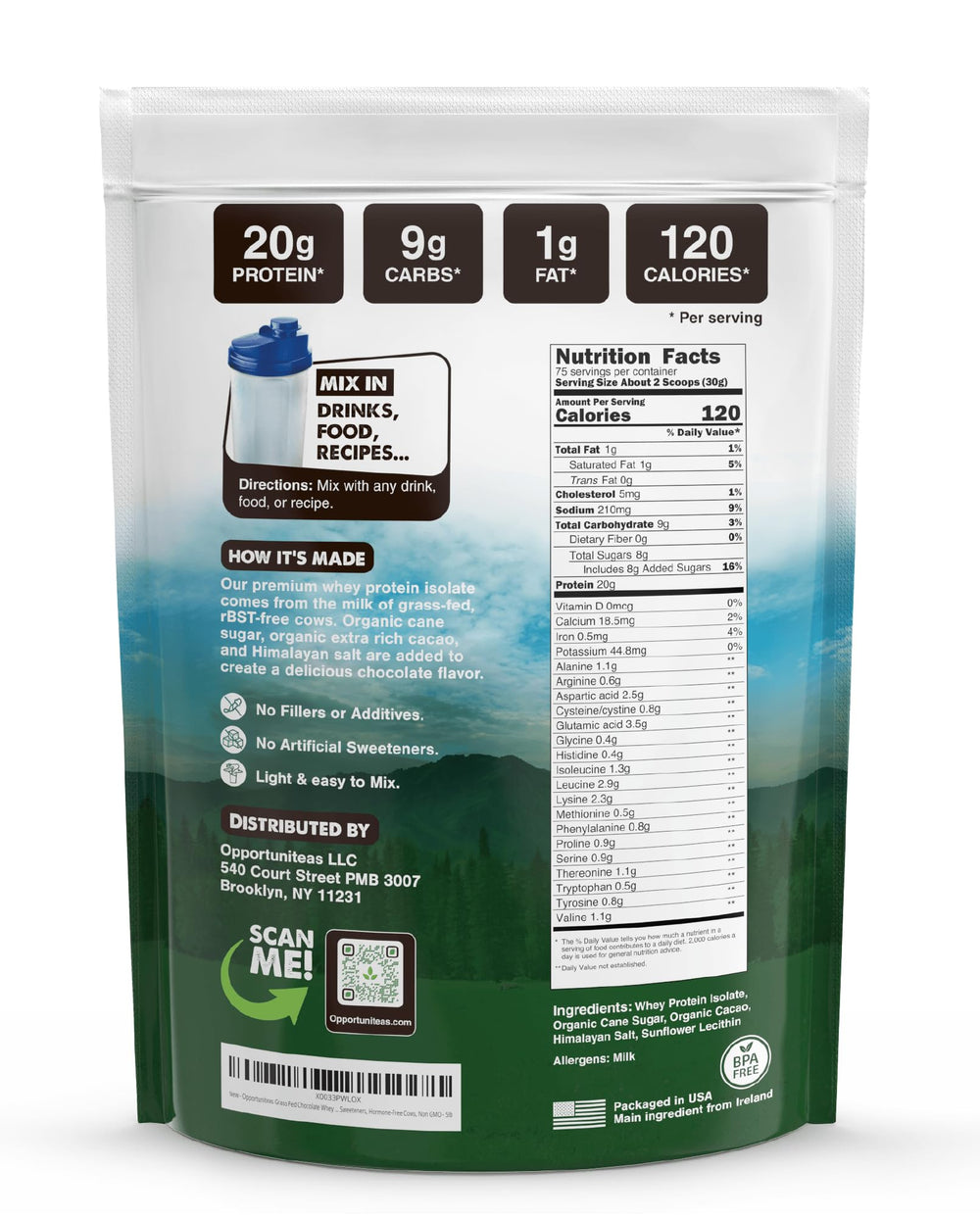 Opportuniteas Grass Fed Chocolate Whey back label highlights hormone-free Irish sourcing and clean ingredients.