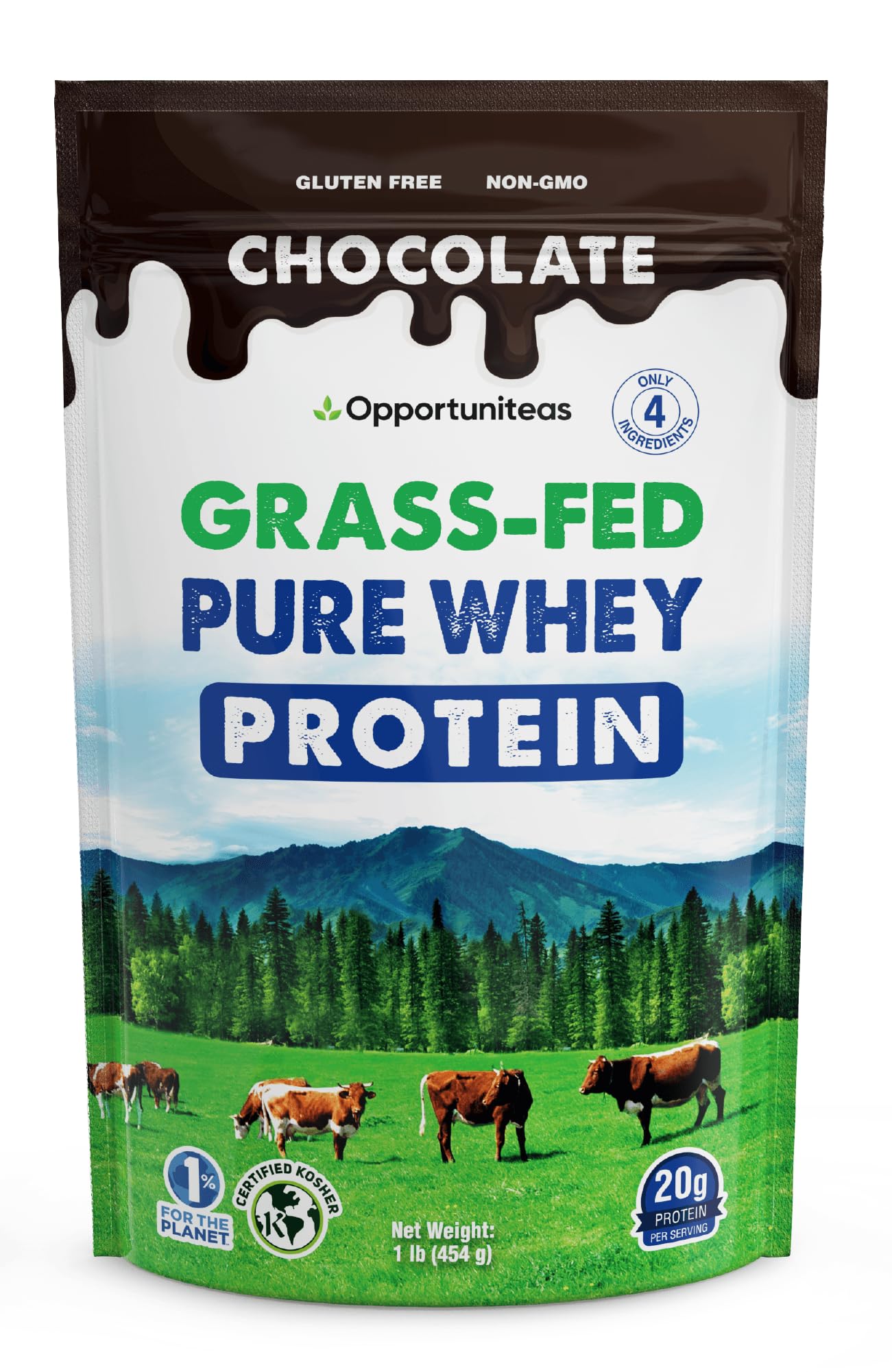 Opportuniteas Grass Fed Whey Chocolate bottle pour highlighting post-workout protein boost