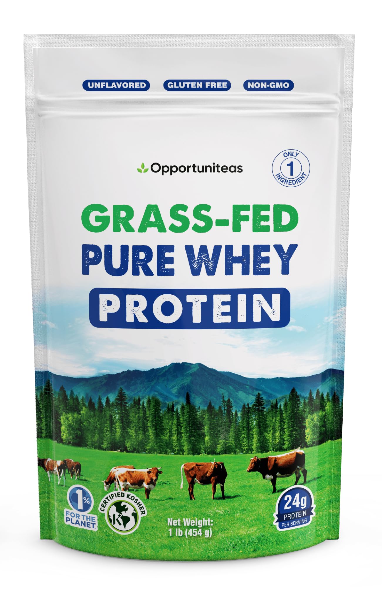 Opportuniteas grass-fed whey concentrate bag highlights hormone-free protein source for clean nutrition.