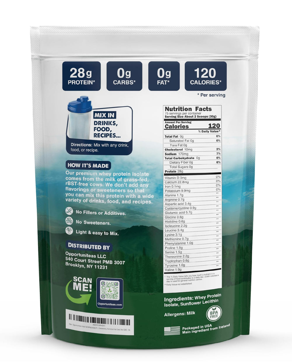Opportuniteas whey isolate being poured, highlighting smooth mixing with minimal ingredients