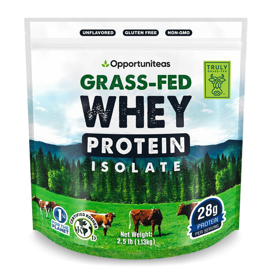 Opportuniteas grass-fed whey isolate tub front for easy daily protein intake