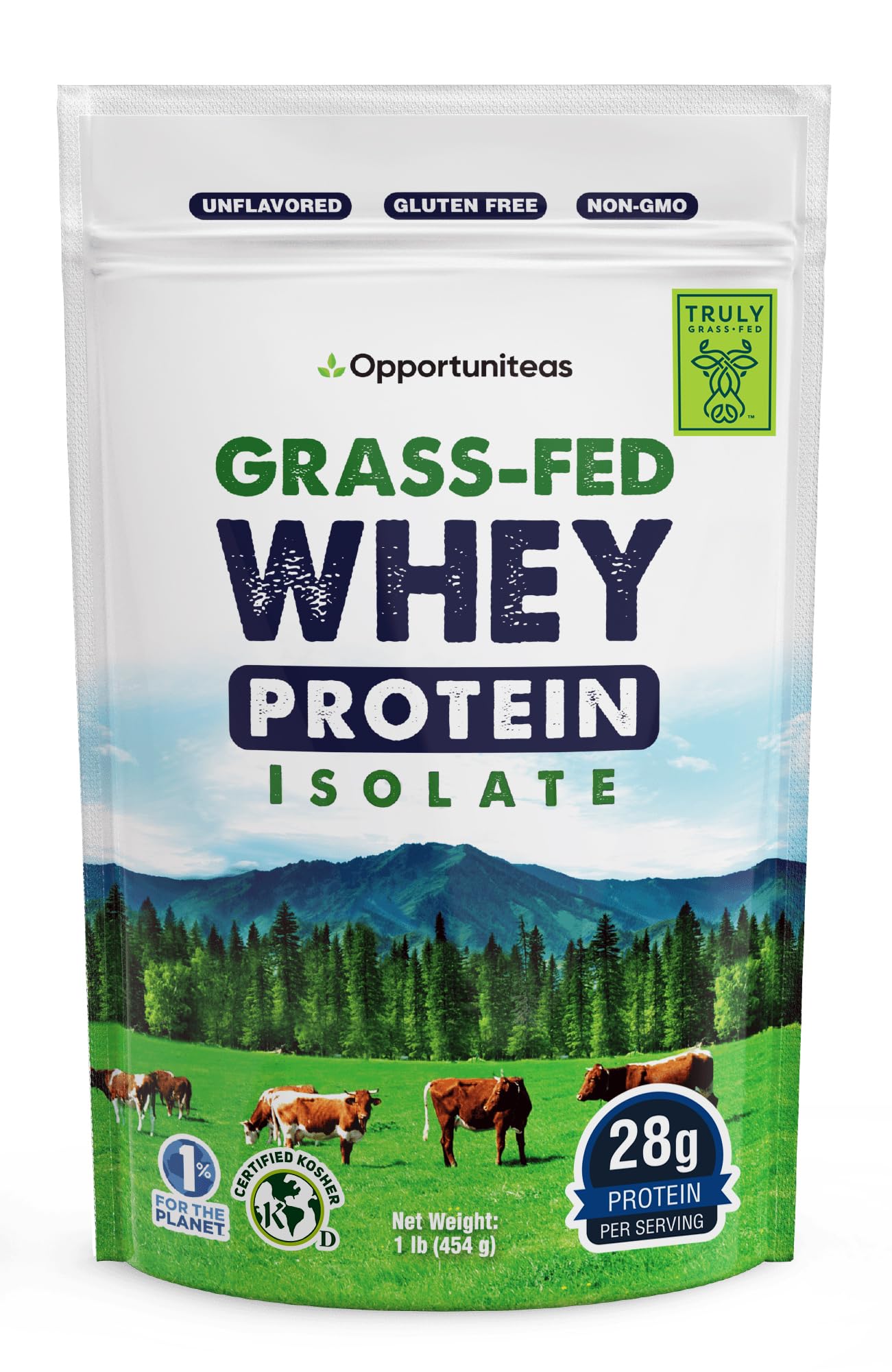 Opportuniteas grass-fed whey isolate unflavored tub showing minimal ingredients