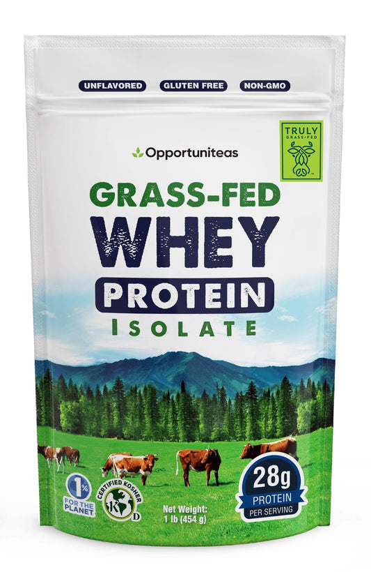 Opportuniteas grass-fed whey isolate unflavored tub showing minimal ingredients