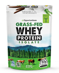 Opportuniteas Grass Fed Vanilla Whey Isolate packaging with Truly Grass Fed certification and freshness