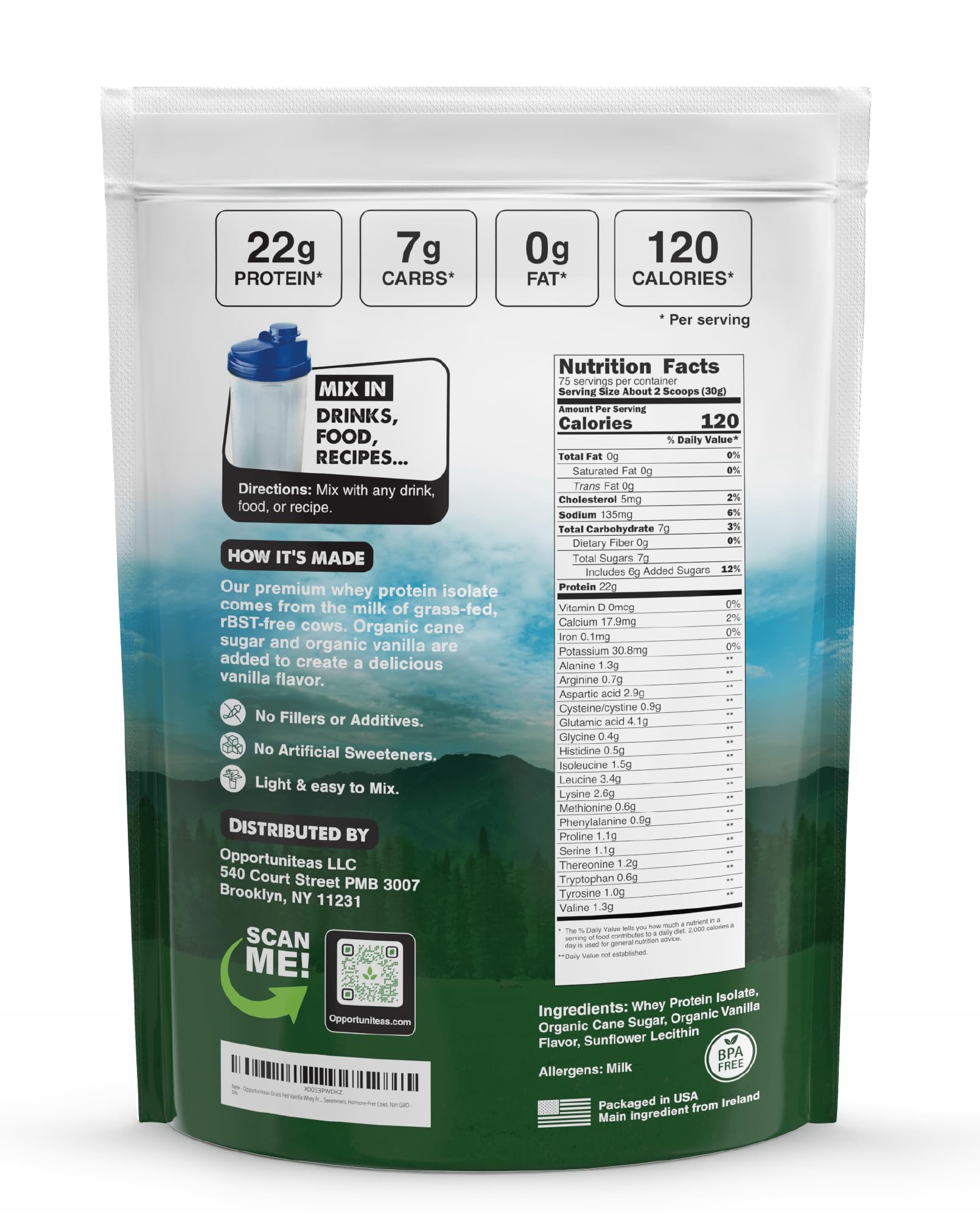 Opportuniteas Grass Fed Vanilla Whey scoop demonstrates convenient shake-ready protein