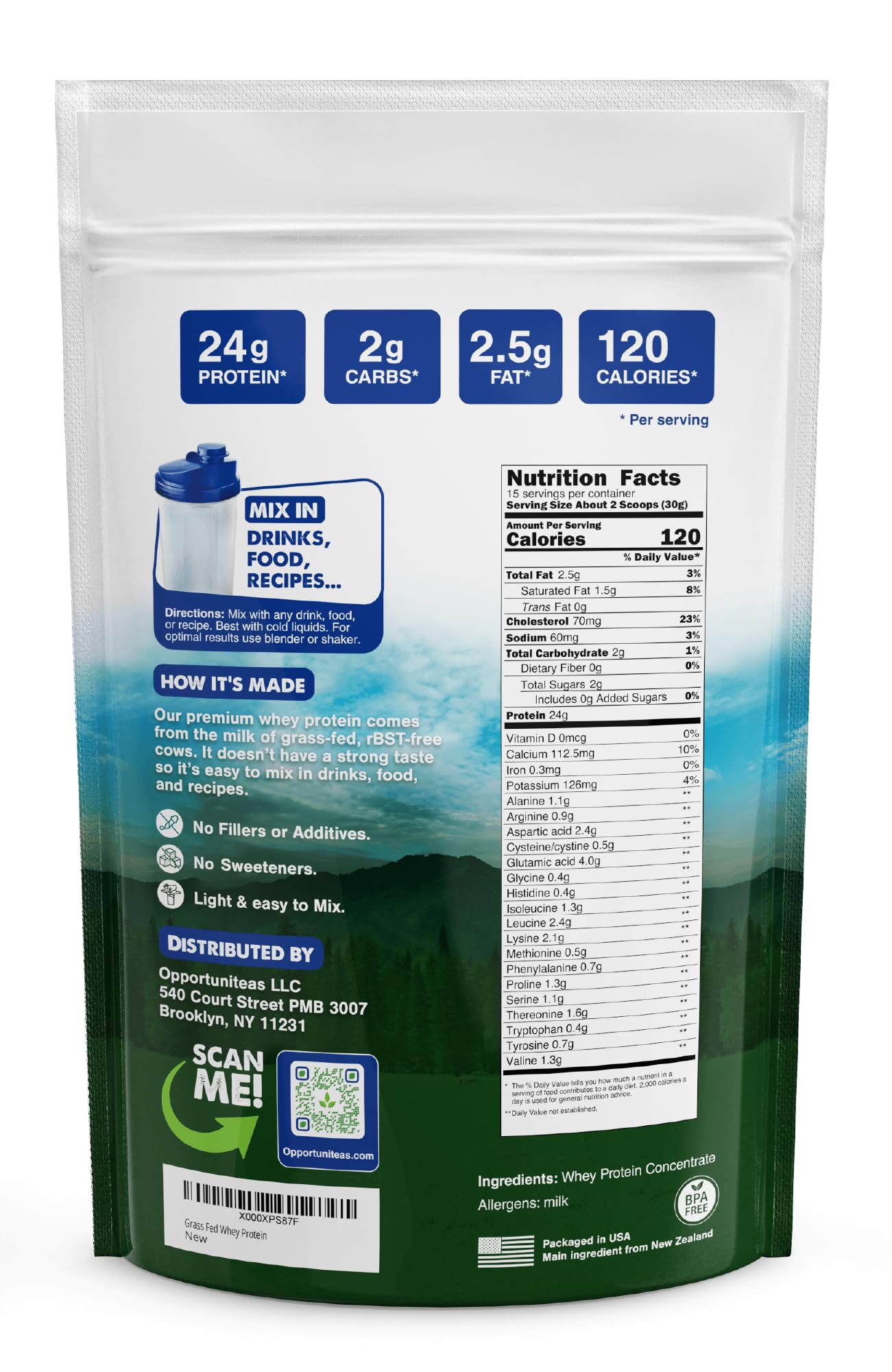 Opportuniteas whey protein powder tub highlights pure, 1-ingredient formula for versatile use.