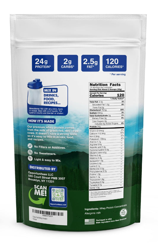 Opportuniteas whey protein powder tub highlights pure, 1-ingredient formula for versatile use.