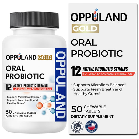 Oppuland bottle with tablets supports convenient daily dental care.