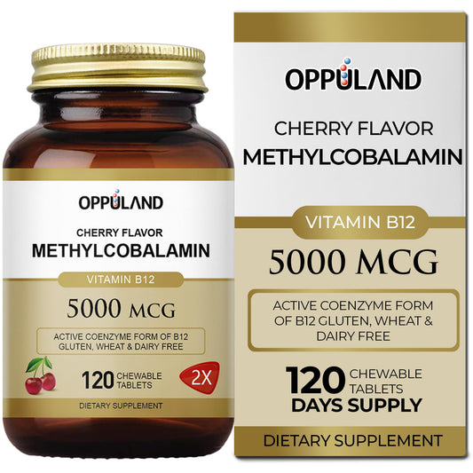 Oppuland Methyl B-12 cherry bottle shows convenient daily energy support.