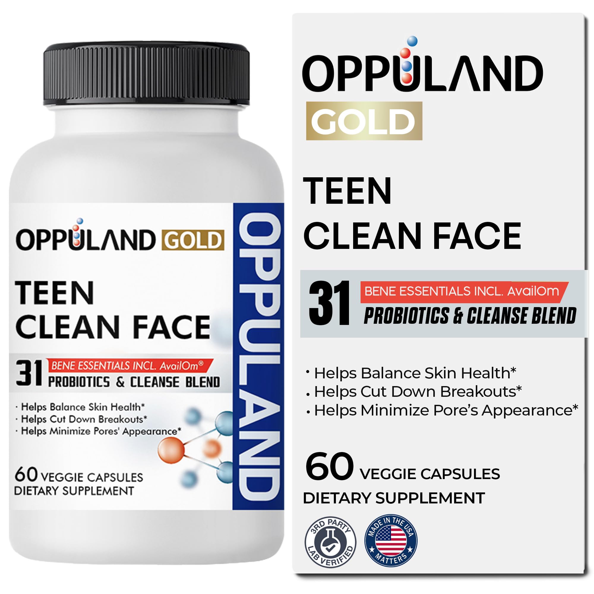 Oppuland Teen Clean Face bottle with capsules supports skin balance from within.