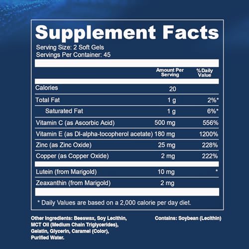 Opti + Life MD AREDS2 label close-up showing ingredients and servings.