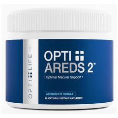 Opti + Life MD AREDS2 softgels bottle for daily eye health support.