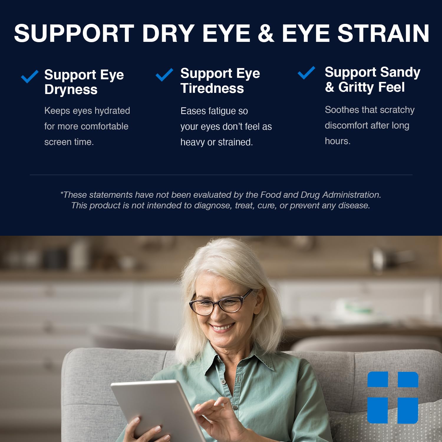 Opti + Life MD bottle with blue light icon for screen time eye care.