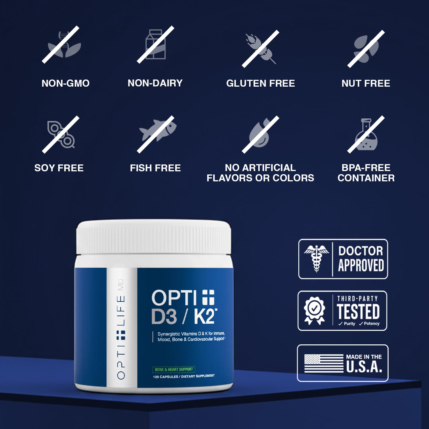 Opti Life MD D3/K2 capsules in hand suggesting easy daily intake.