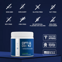 Opti Life MD D3/K2 capsules in hand suggesting easy daily intake.