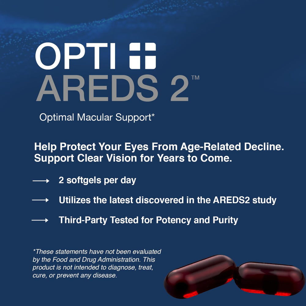 Opti + Life MD lutein zeaxanthin softgels for retina support.
